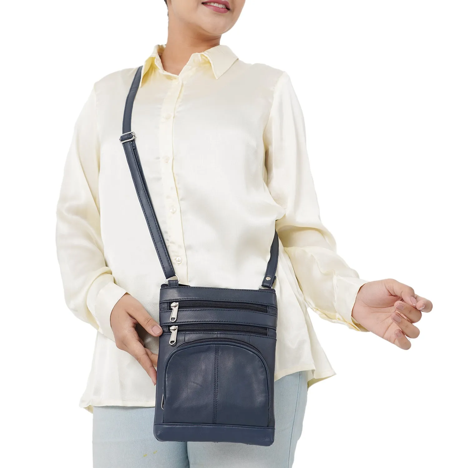 100% Genuine Leather Crossbody Messenger RFID Protected Bag in NAVY BLUE
