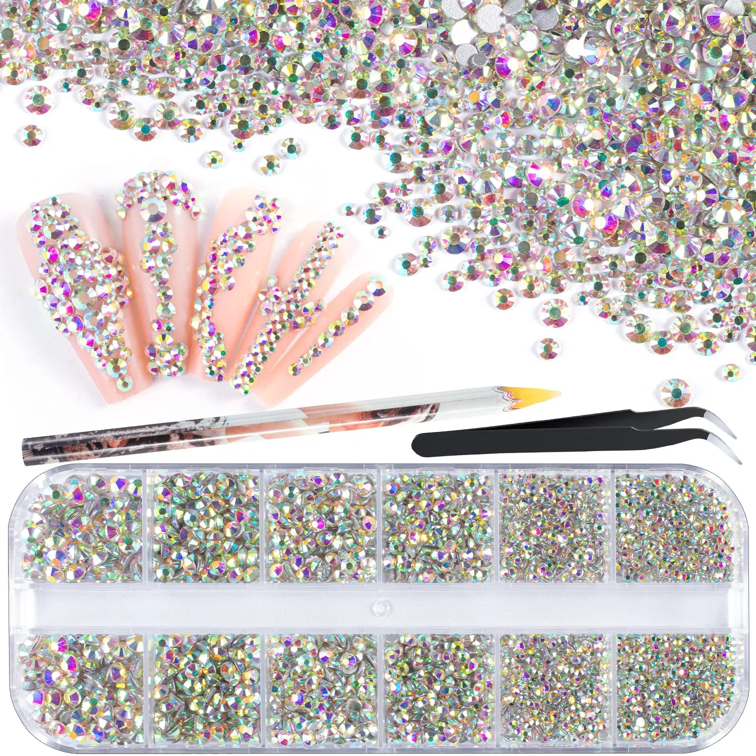 15000Pcs Ultra Mini 1.2mm AB Diamond Beads Glass Sand Shine Rhinestones Iridescent Crystals Long Lasting Like Swarovski for Nail Art 3D Decorations DIY Crafts with 2Pcs Triangle Trays by BELLEBOOST