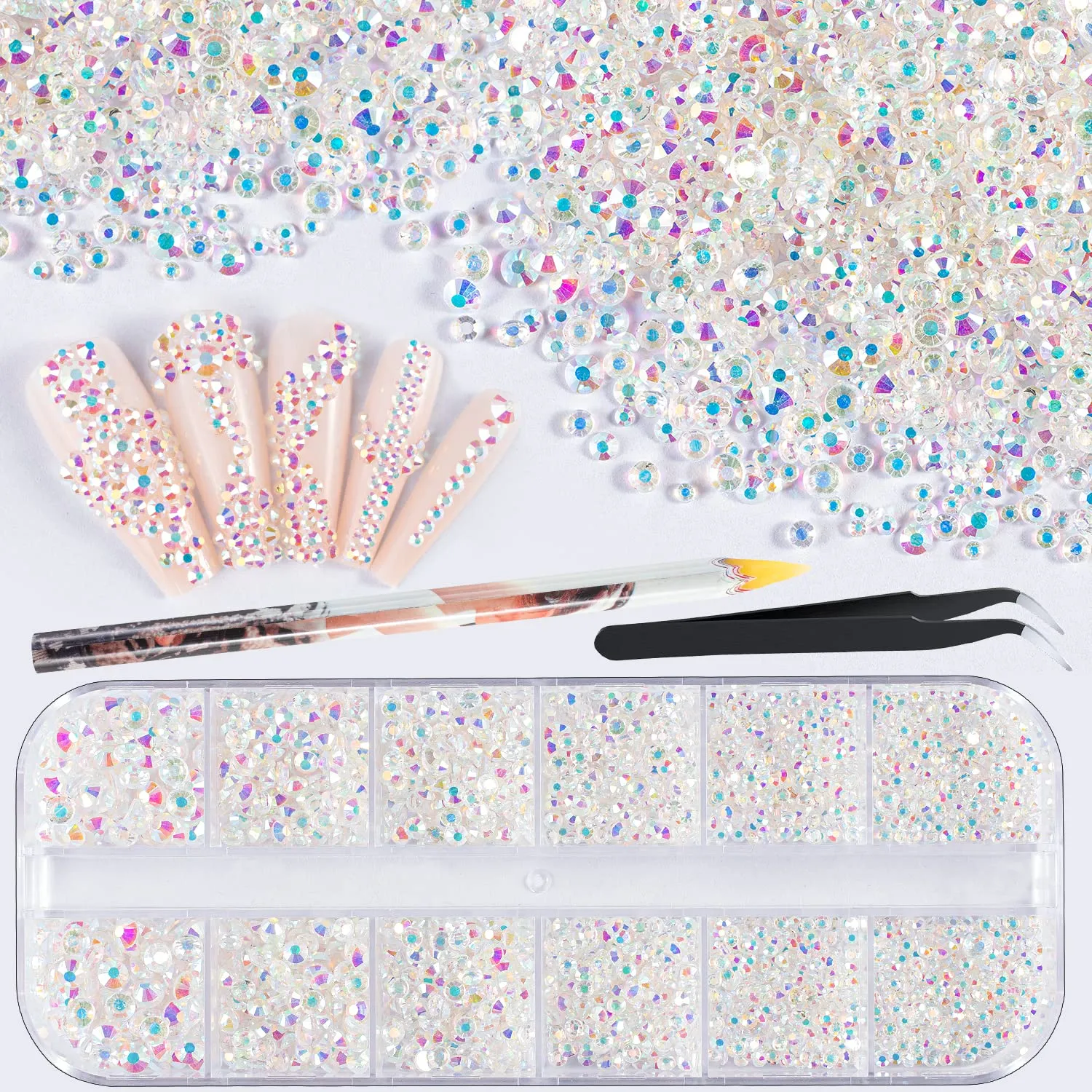 15000Pcs Ultra Mini 1.2mm AB Diamond Beads Glass Sand Shine Rhinestones Iridescent Crystals Long Lasting Like Swarovski for Nail Art 3D Decorations DIY Crafts with 2Pcs Triangle Trays by BELLEBOOST