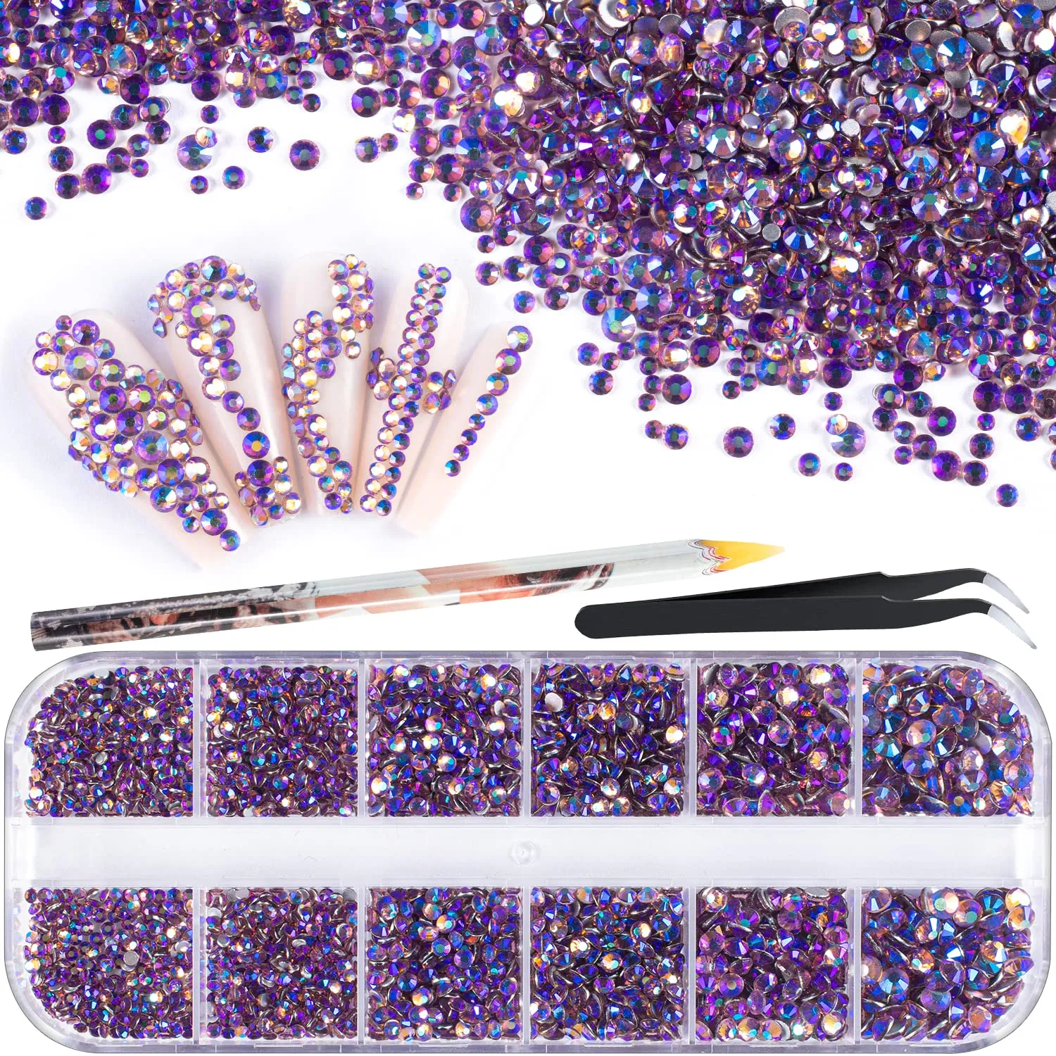 15000Pcs Ultra Mini 1.2mm AB Diamond Beads Glass Sand Shine Rhinestones Iridescent Crystals Long Lasting Like Swarovski for Nail Art 3D Decorations DIY Crafts with 2Pcs Triangle Trays by BELLEBOOST