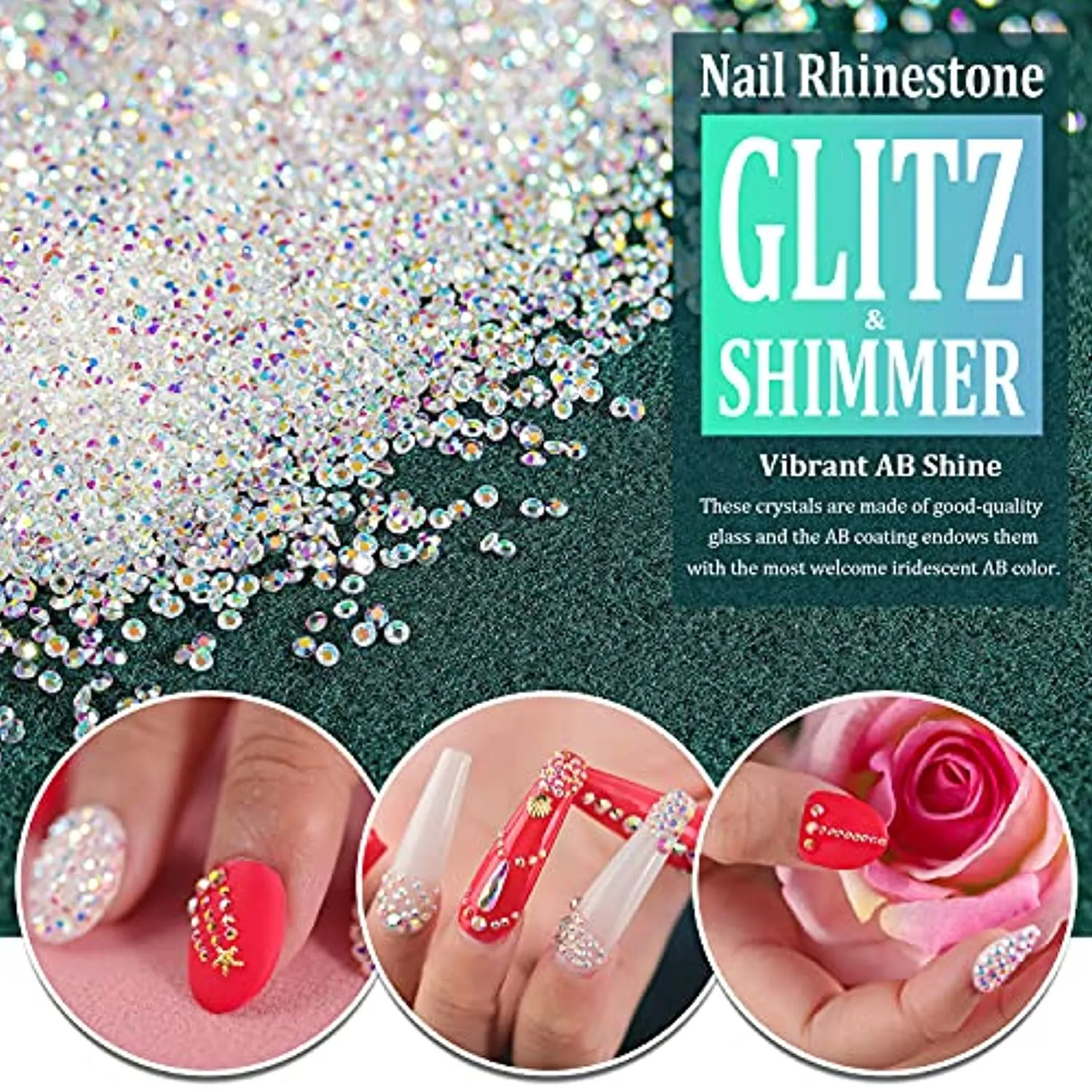 15000Pcs Ultra Mini 1.2mm AB Diamond Beads Glass Sand Shine Rhinestones Iridescent Crystals Long Lasting Like Swarovski for Nail Art 3D Decorations DIY Crafts with 2Pcs Triangle Trays by BELLEBOOST