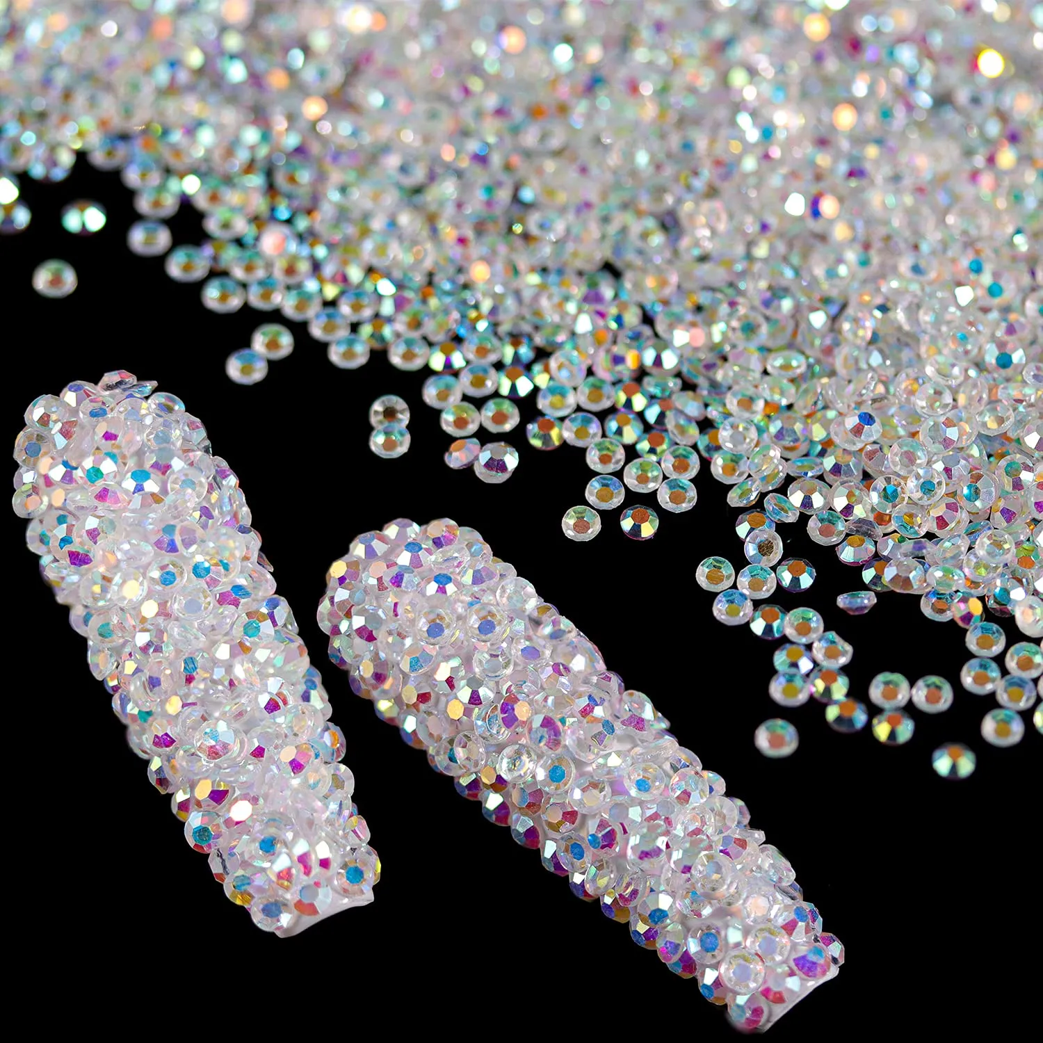 15000Pcs Ultra Mini 1.2mm AB Diamond Beads Glass Sand Shine Rhinestones Iridescent Crystals Long Lasting Like Swarovski for Nail Art 3D Decorations DIY Crafts with 2Pcs Triangle Trays by BELLEBOOST