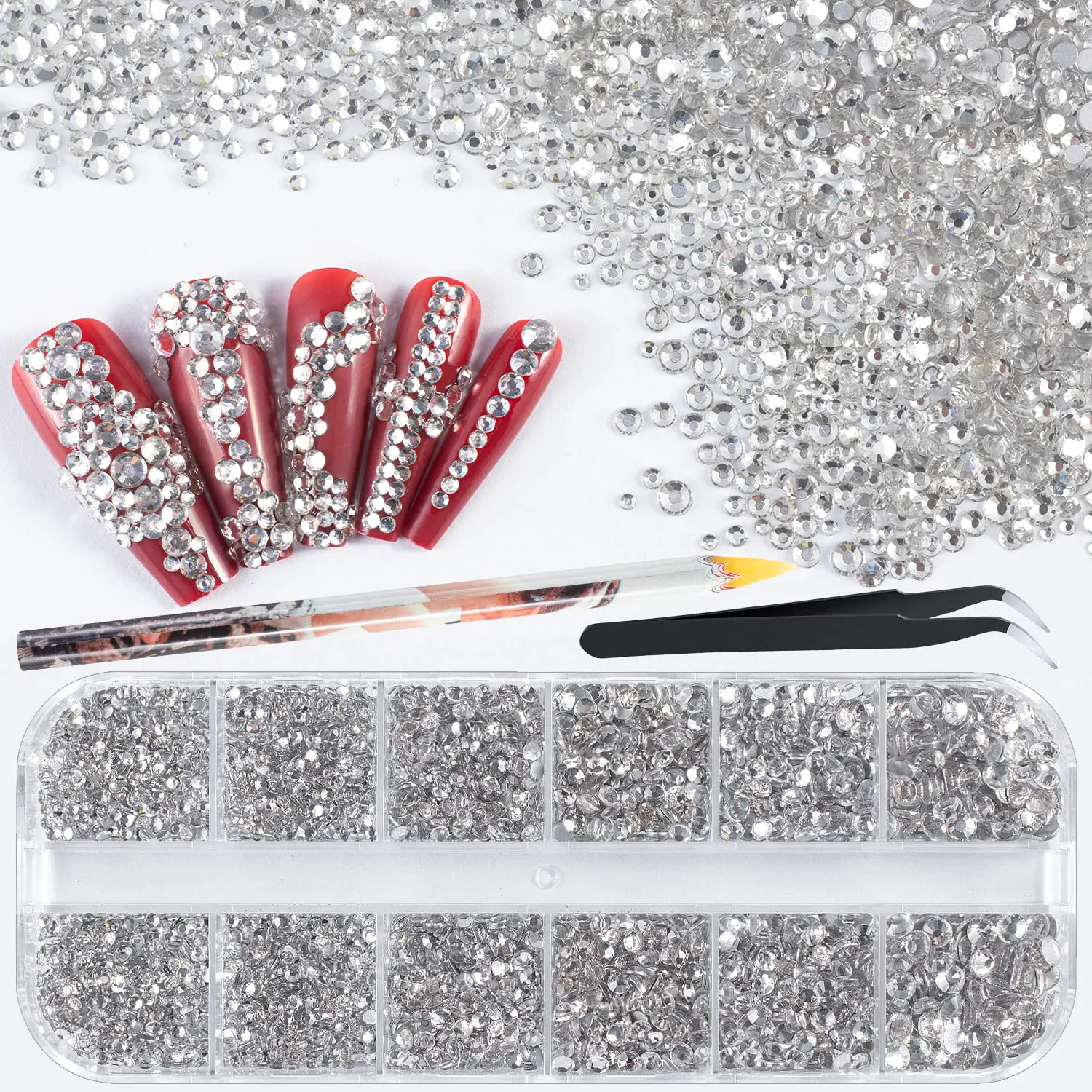 15000Pcs Ultra Mini 1.2mm AB Diamond Beads Glass Sand Shine Rhinestones Iridescent Crystals Long Lasting Like Swarovski for Nail Art 3D Decorations DIY Crafts with 2Pcs Triangle Trays by BELLEBOOST