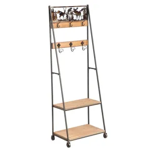 2-Shelf Wood and Metal Coat Rack with 6 Hooks and Die-Cut Burnished Metal Lodge Scene