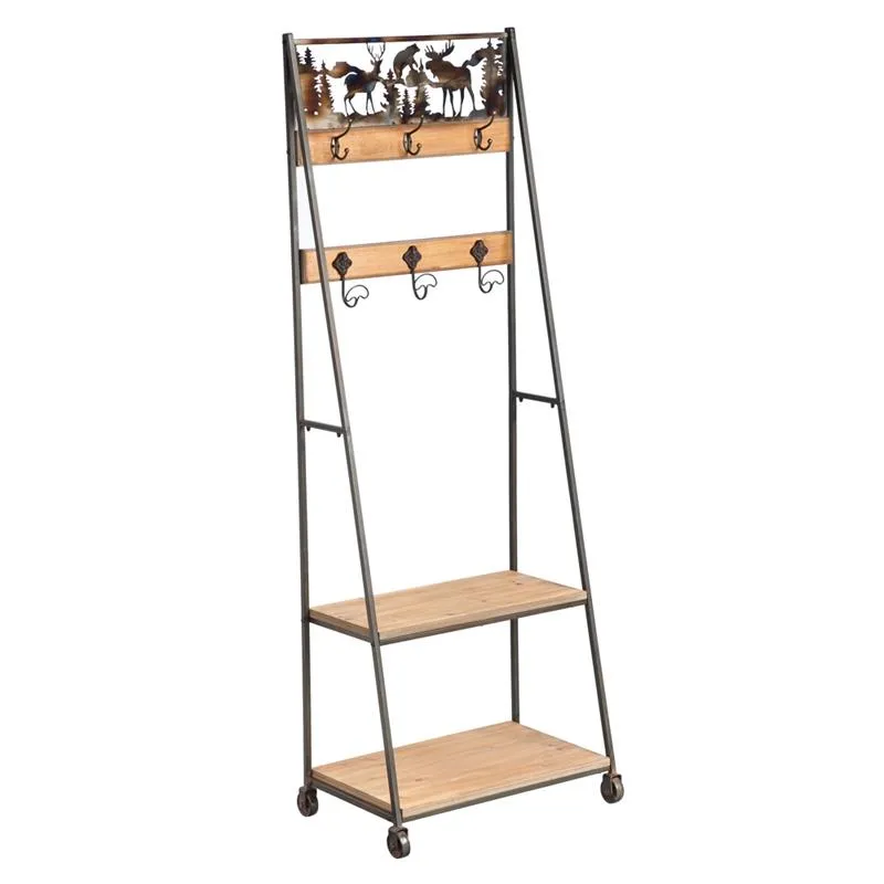 2-Shelf Wood and Metal Coat Rack with 6 Hooks and Die-Cut Burnished Metal Lodge Scene