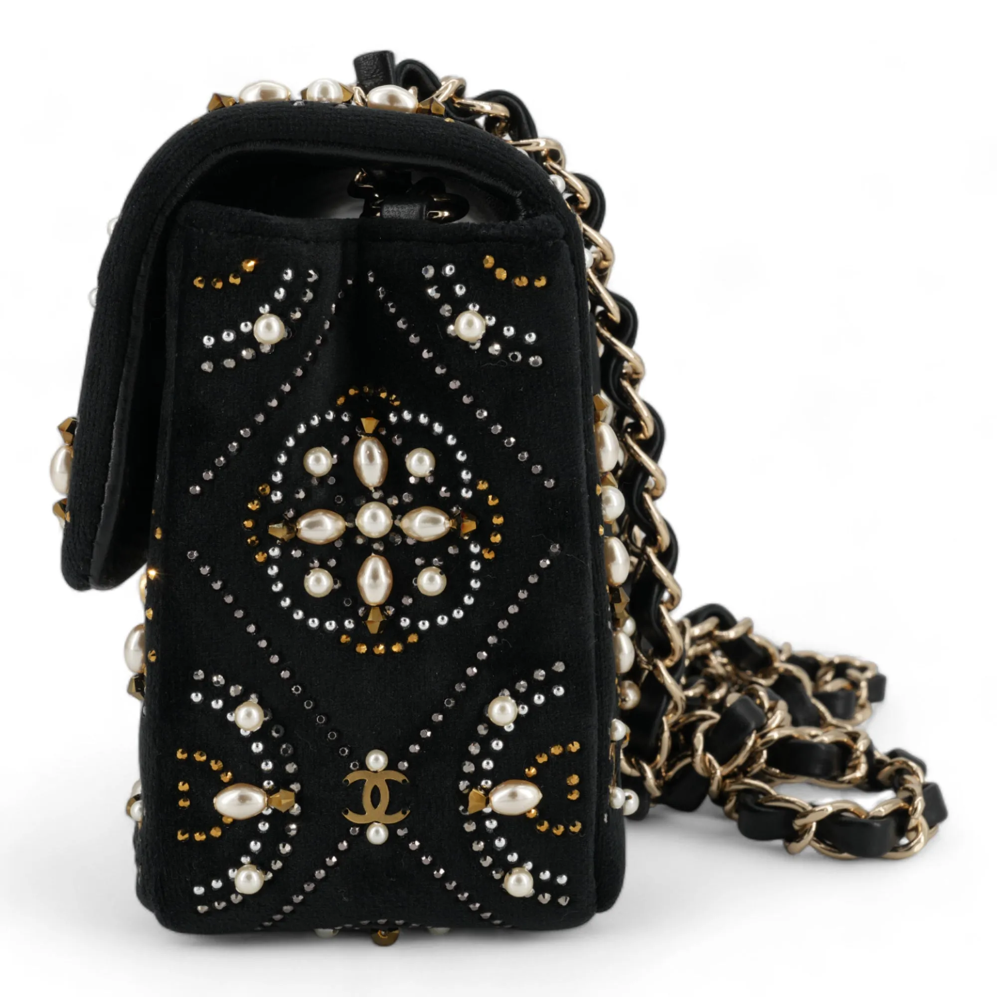 21A Pearl Strass CC Velvet Mini Flap Bag