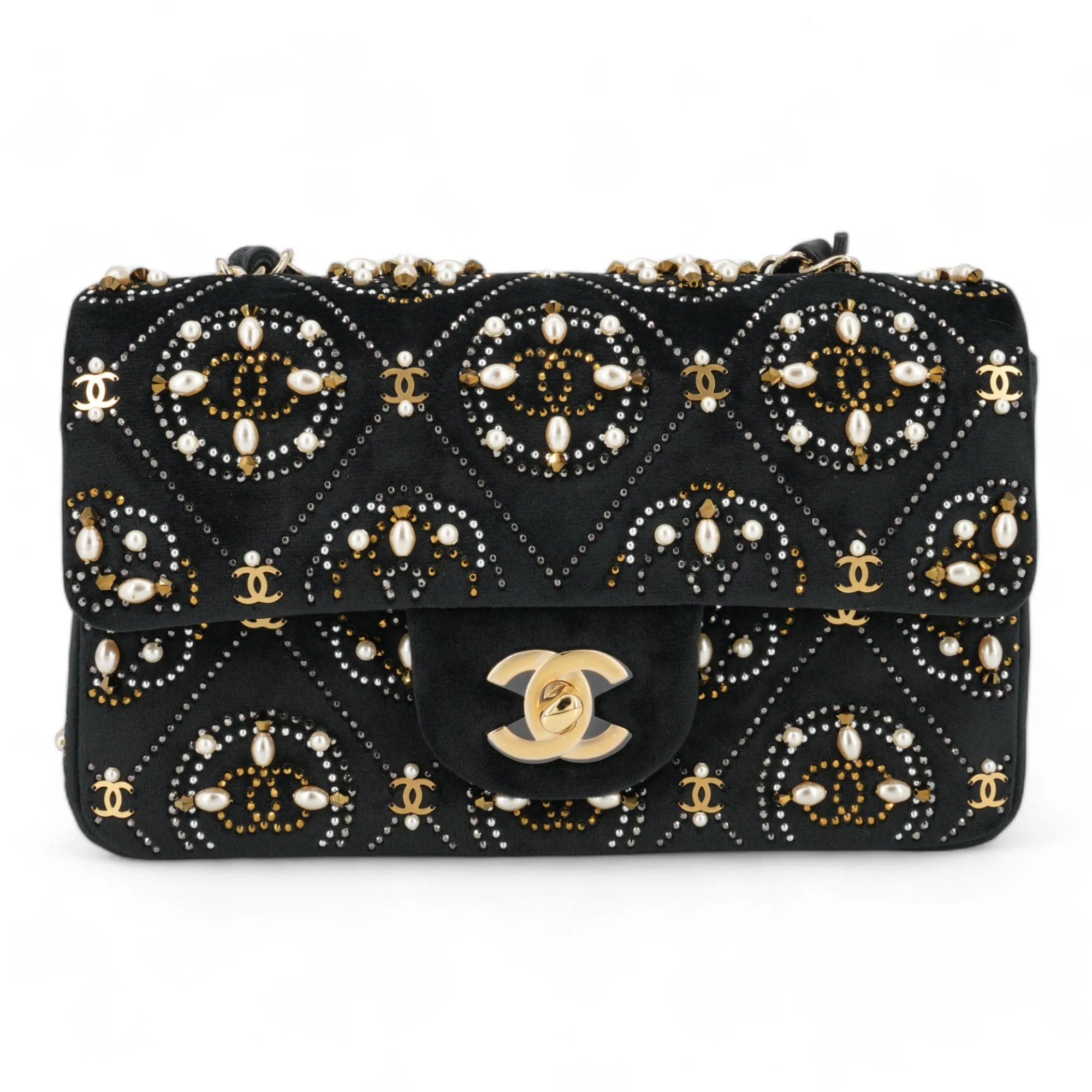 21A Pearl Strass CC Velvet Mini Flap Bag