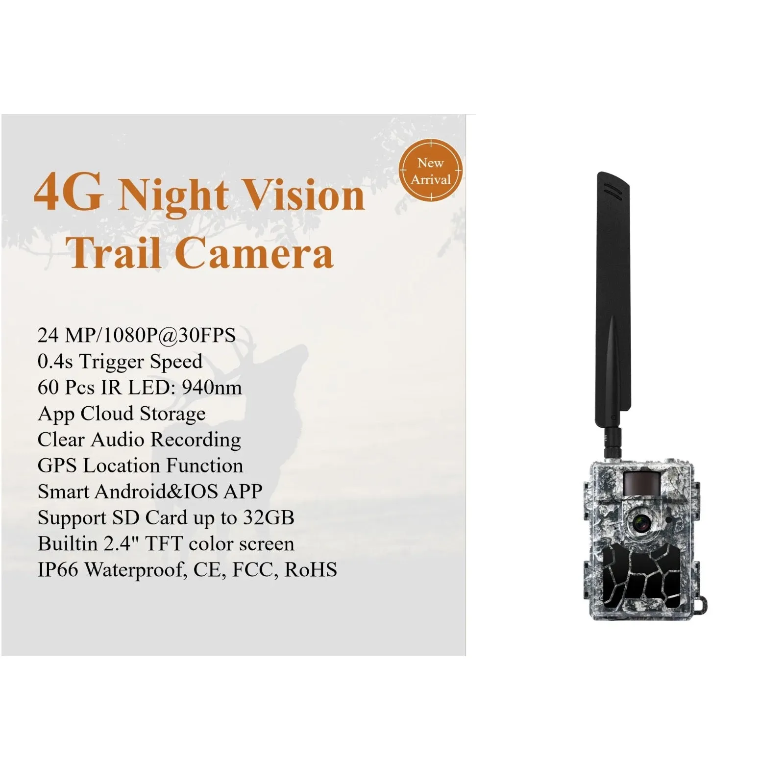 4G LTE Trail Camera & GPS Tracker 24MP Photo 1080p FHD Video Stream Smart Android / iOS App