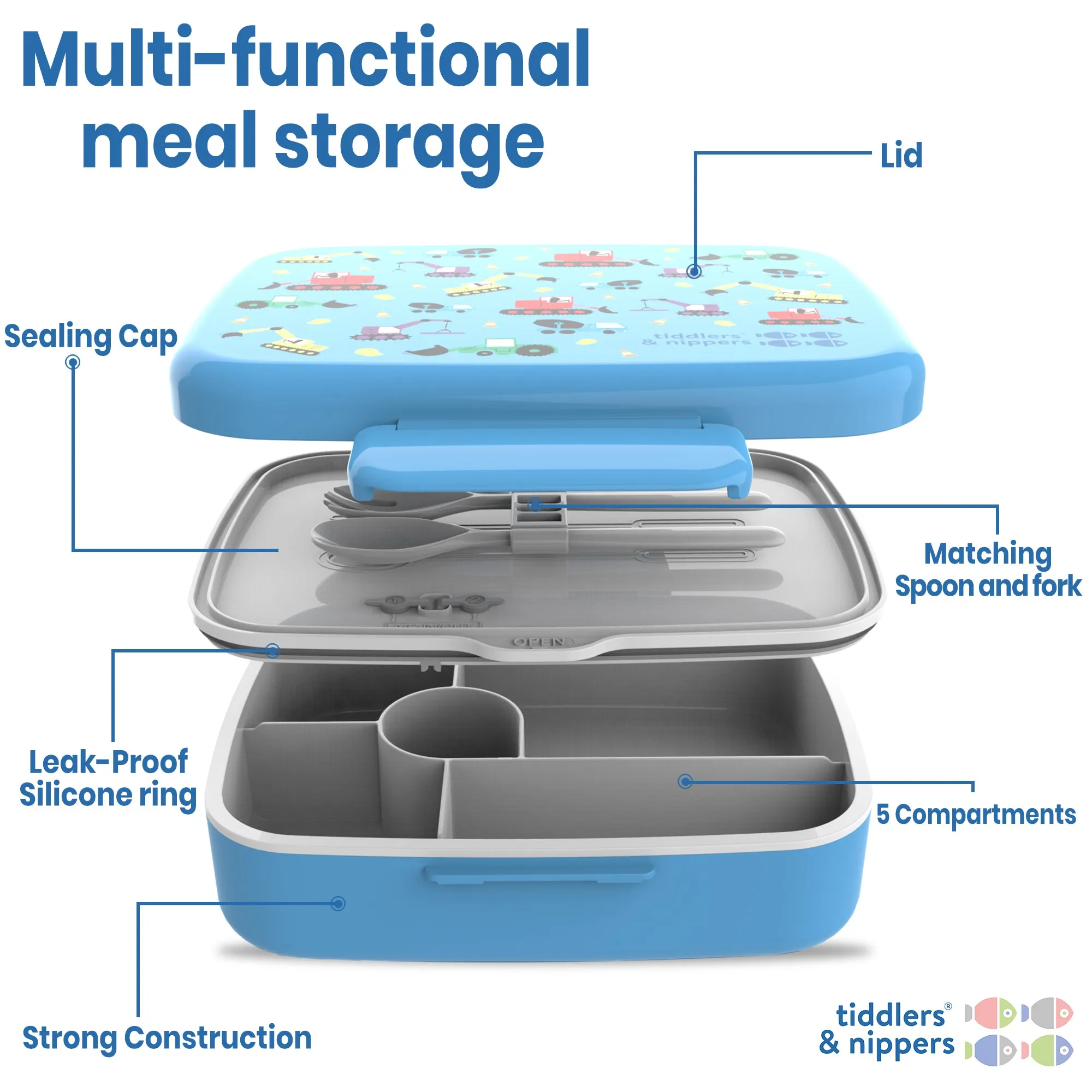 5 Compartment Lunch / Bento Box for Kids & Adults! | Includes Cutlery - Fork & Spoon | Leak-Proof & BPA-Free | Microwave, Freezer & Dishwasher Safe