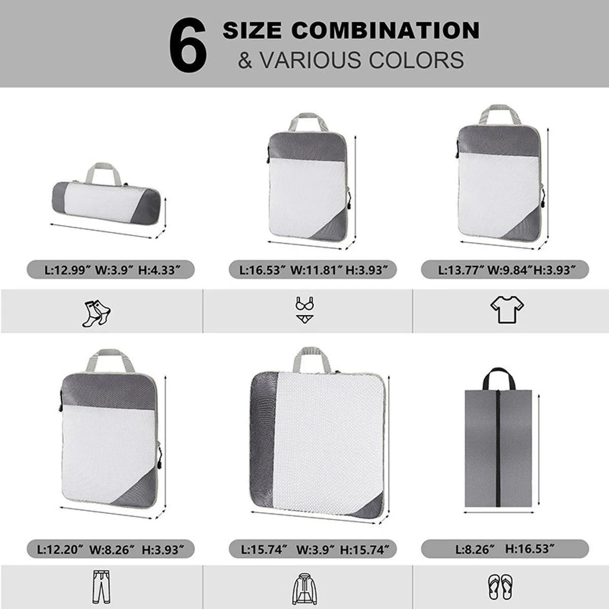 6pcs Mesh Visible Travel Storage Set Waterproof Nylon Compressible Storage Bags