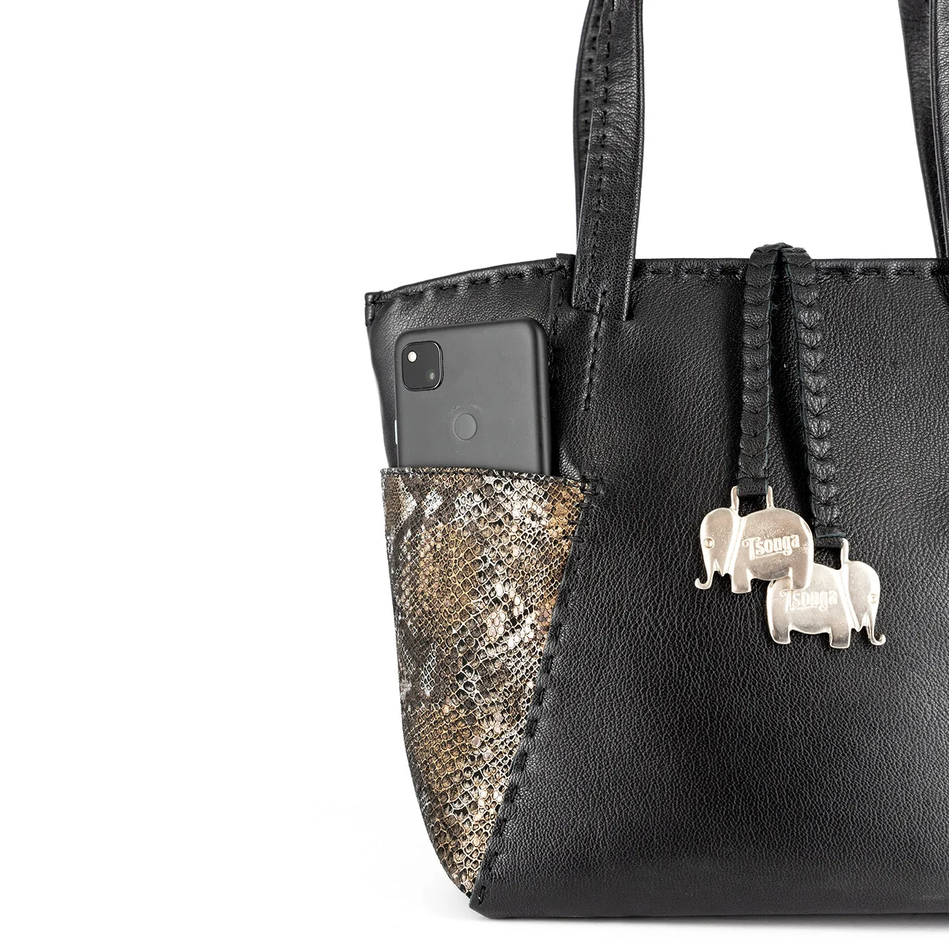 Anesu : Ladies Leather Shopper Handbag in Black Cayak and Nero Rockafella