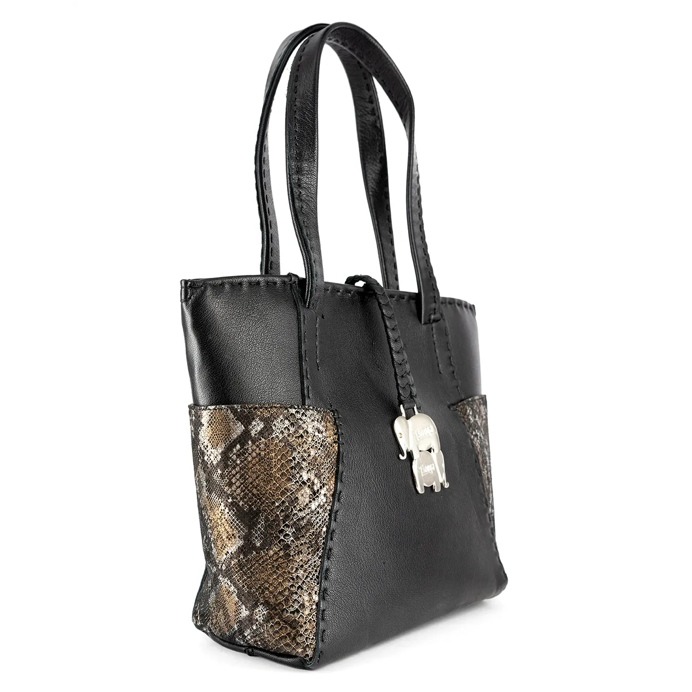 Anesu : Ladies Leather Shopper Handbag in Black Cayak and Nero Rockafella
