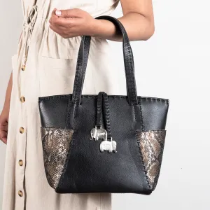 Anesu : Ladies Leather Shopper Handbag in Black Cayak and Nero Rockafella