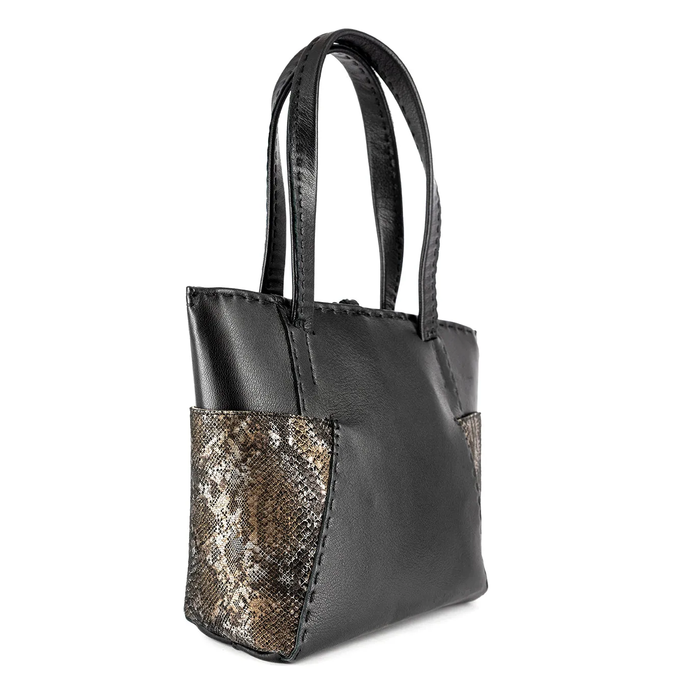 Anesu : Ladies Leather Shopper Handbag in Black Cayak and Nero Rockafella