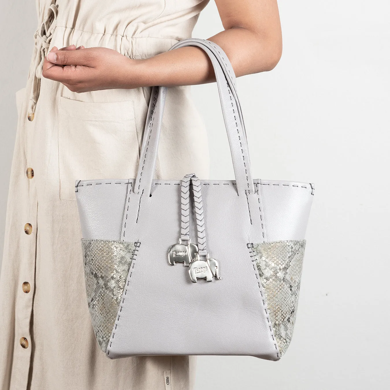 Anesu : Ladies Leather Shopper Handbag in Quarry Cayak and Opal Rockafella
