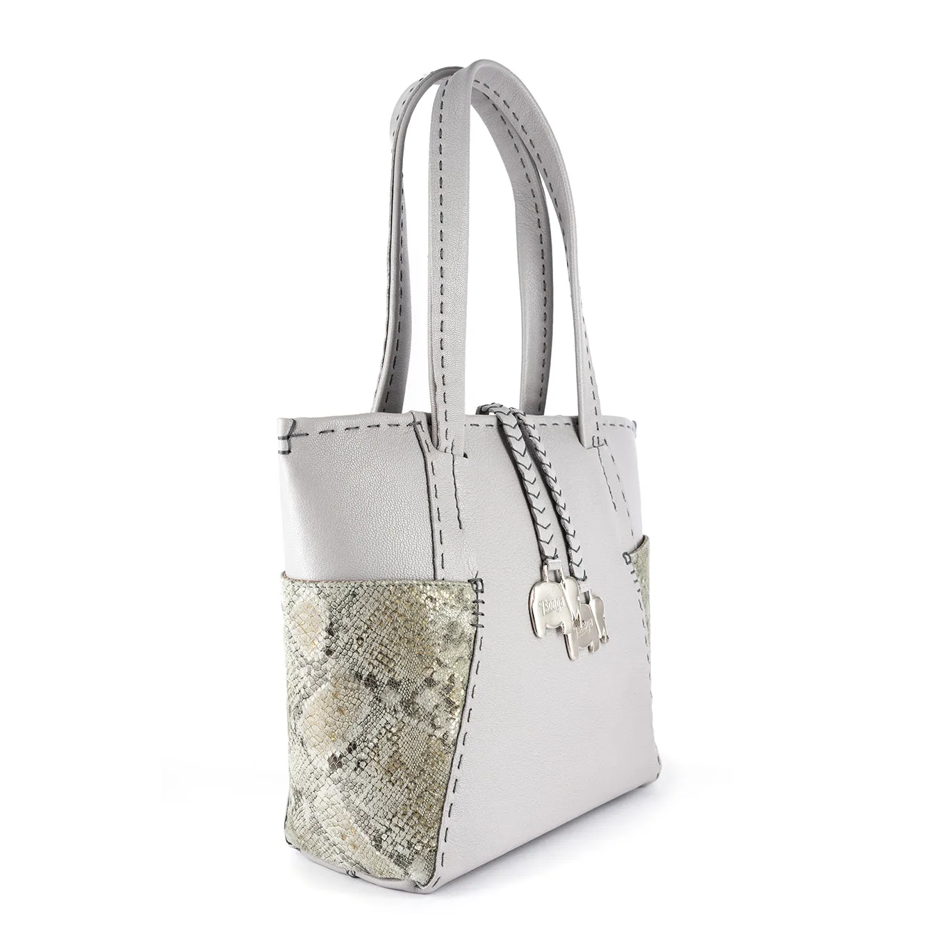 Anesu : Ladies Leather Shopper Handbag in Quarry Cayak and Opal Rockafella