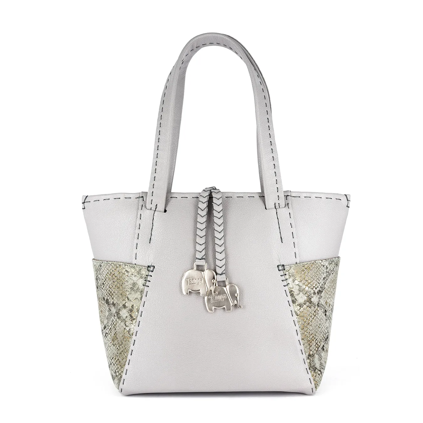 Anesu : Ladies Leather Shopper Handbag in Quarry Cayak and Opal Rockafella