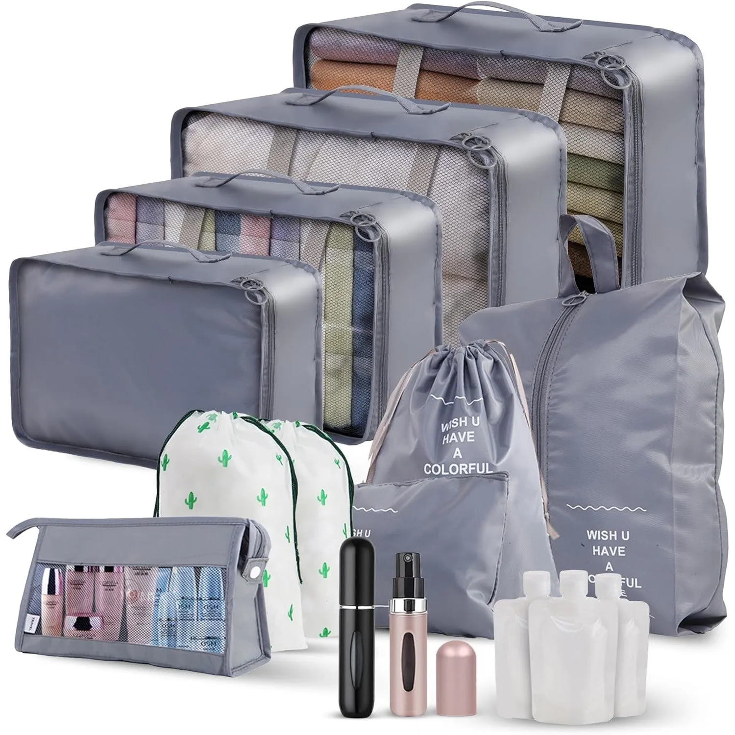 ArcShine™ 15 Pieces Multi Use Travel Organizer Bags with Perfume Atomizers & Packing Cubes