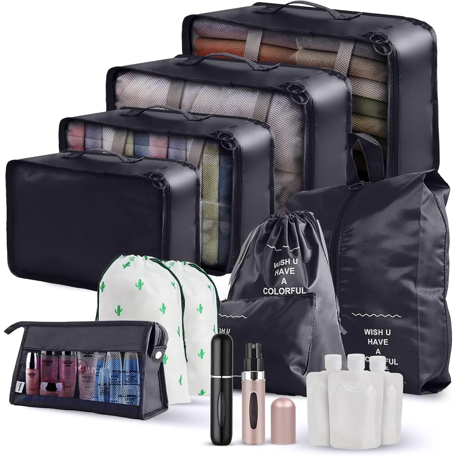 ArcShine™ 15 Pieces Multi Use Travel Organizer Bags with Perfume Atomizers & Packing Cubes