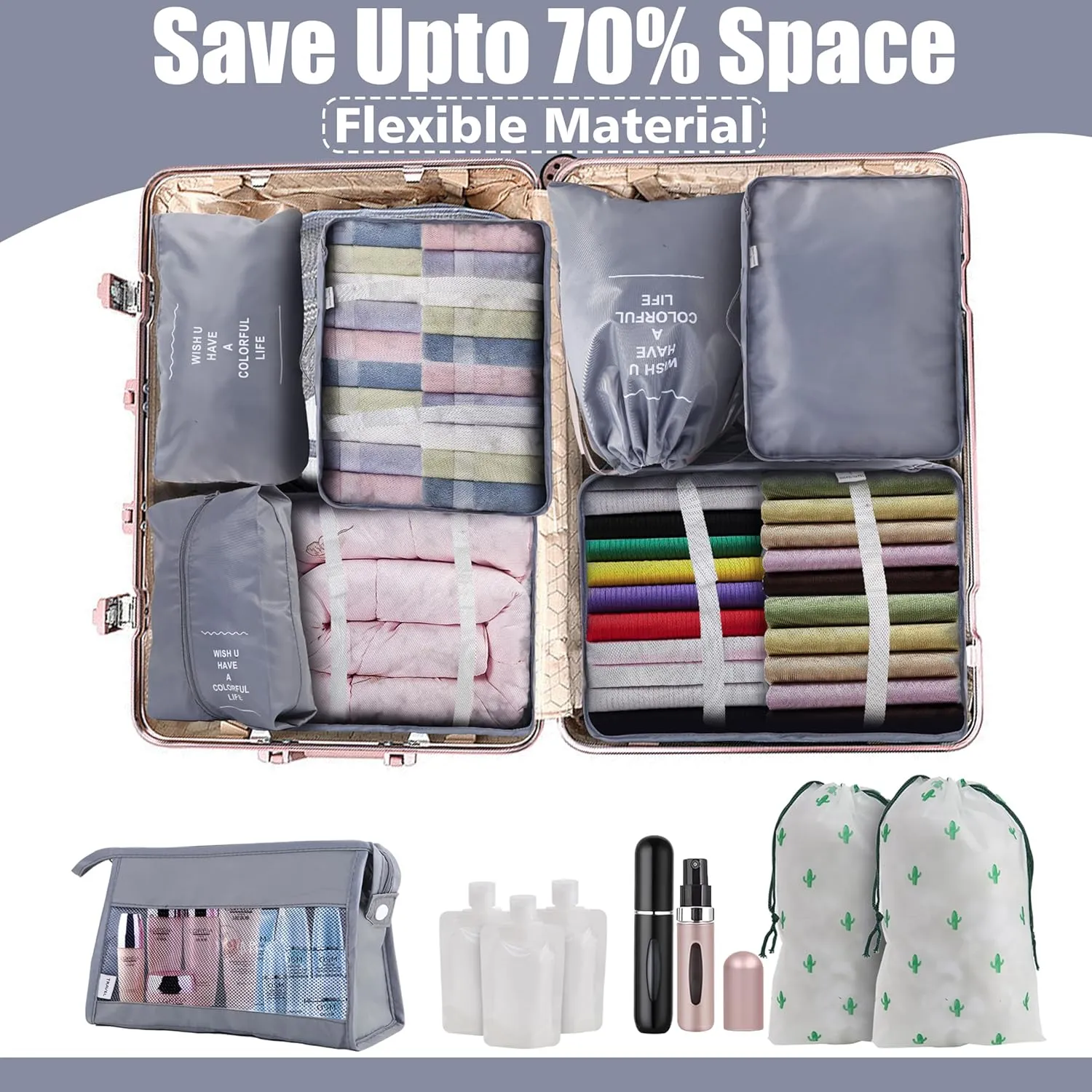 ArcShine™ 15 Pieces Multi Use Travel Organizer Bags with Perfume Atomizers & Packing Cubes