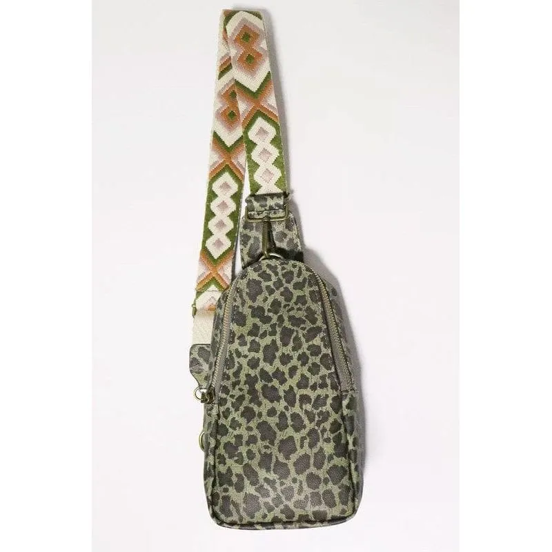 Aztec strap leopard print crossbody sling bag