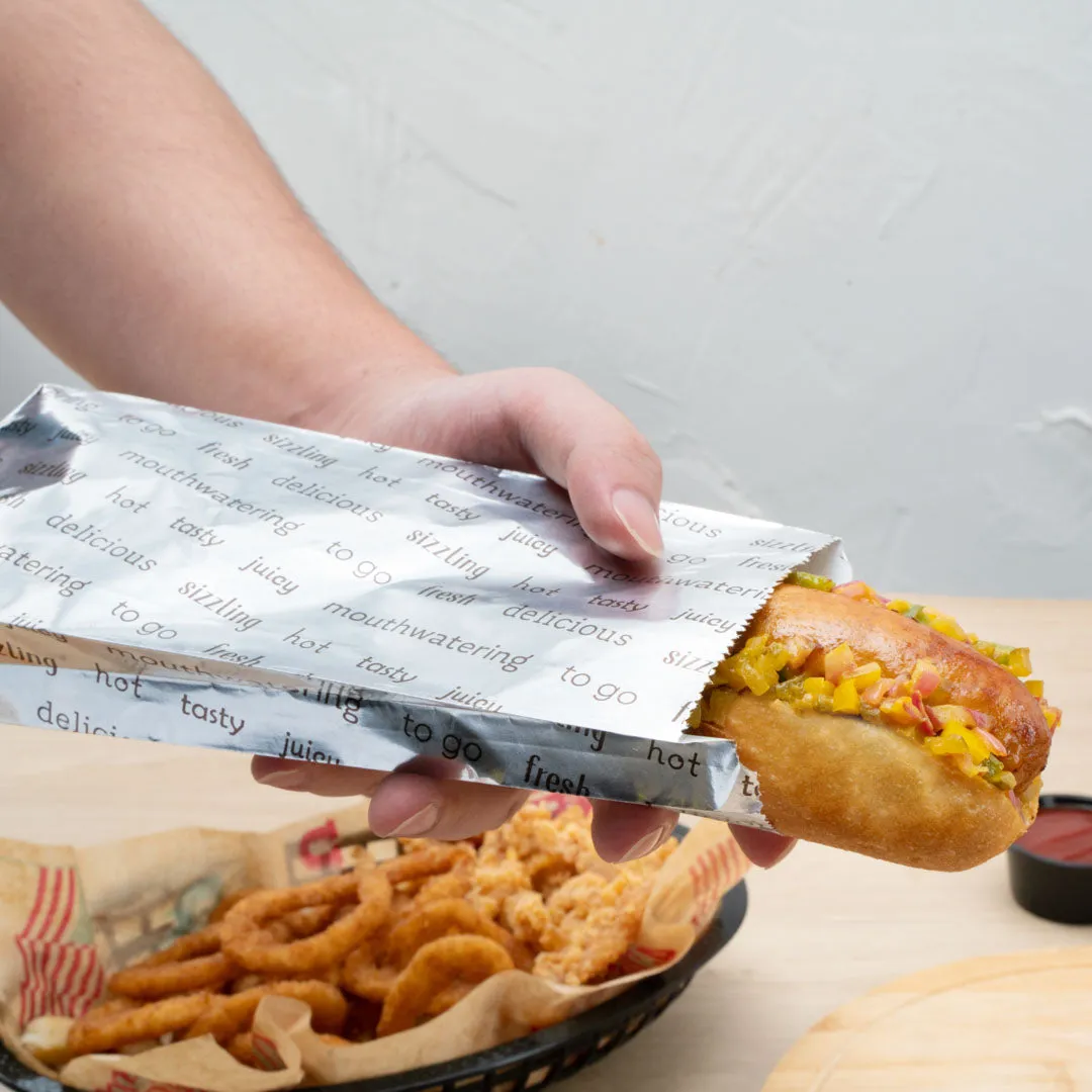 Bag Tek Paper Printed Small Hot Dog Foil Bag - 3 3/4" x 1 1/4" x 9" - 100 count box