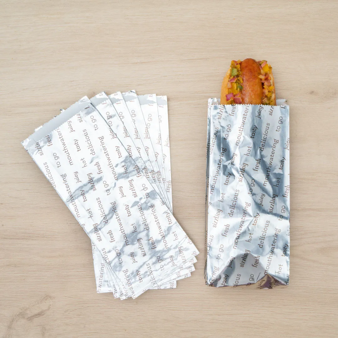 Bag Tek Paper Printed Small Hot Dog Foil Bag - 3 3/4" x 1 1/4" x 9" - 100 count box