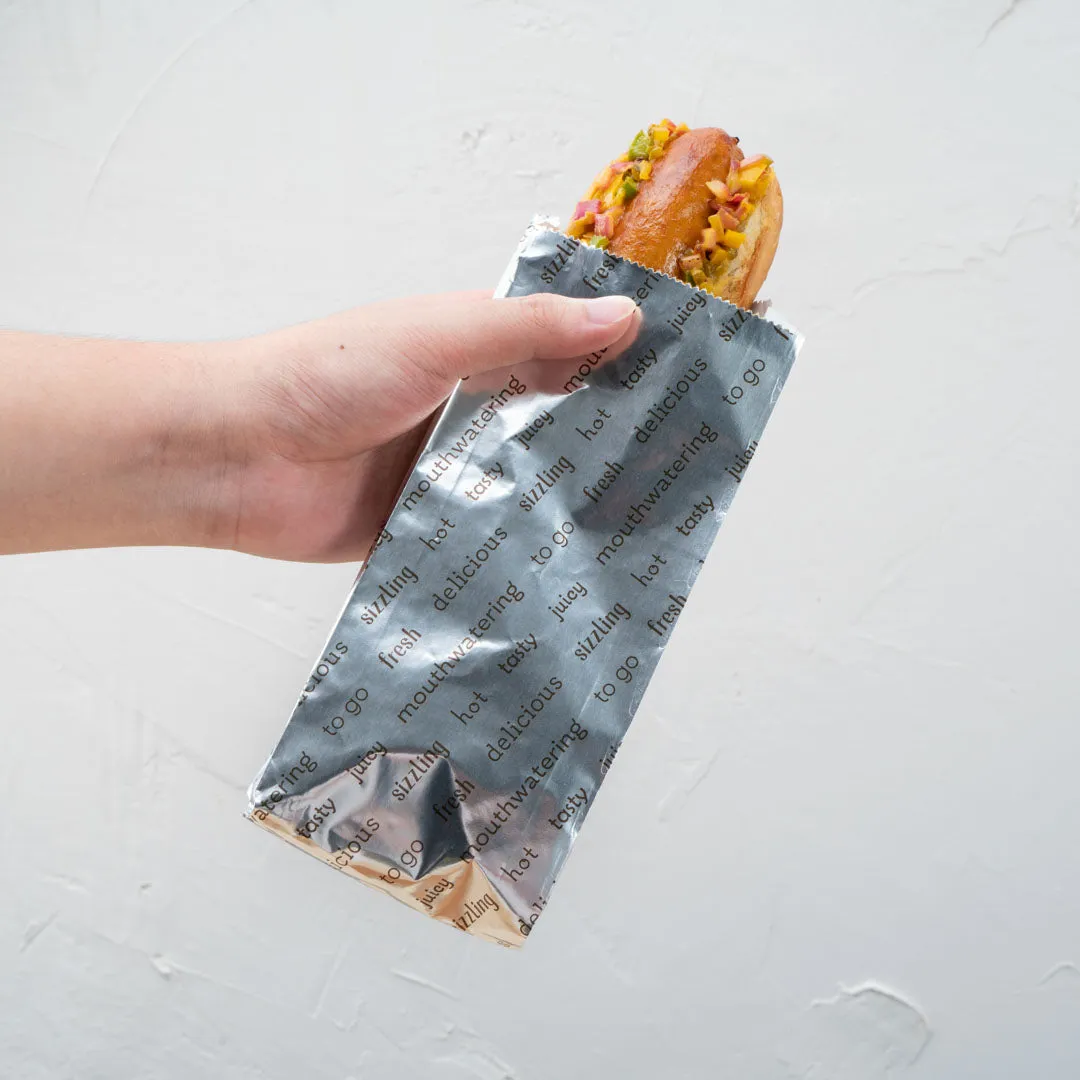 Bag Tek Paper Printed Small Hot Dog Foil Bag - 3 3/4" x 1 1/4" x 9" - 100 count box