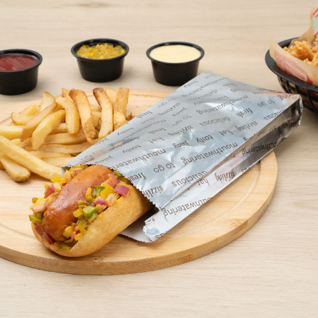 Bag Tek Paper Printed Small Hot Dog Foil Bag - 3 3/4" x 1 1/4" x 9" - 100 count box