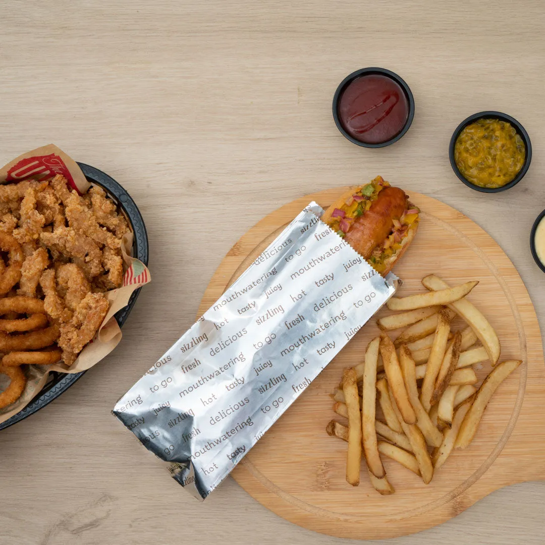 Bag Tek Paper Printed Small Hot Dog Foil Bag - 3 3/4" x 1 1/4" x 9" - 100 count box