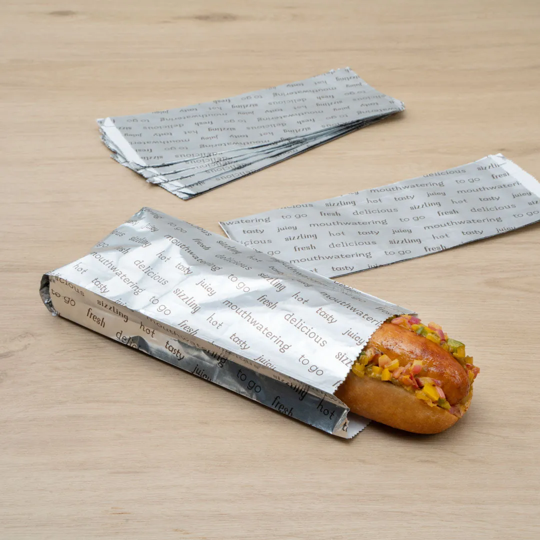 Bag Tek Paper Printed Small Hot Dog Foil Bag - 3 3/4" x 1 1/4" x 9" - 100 count box