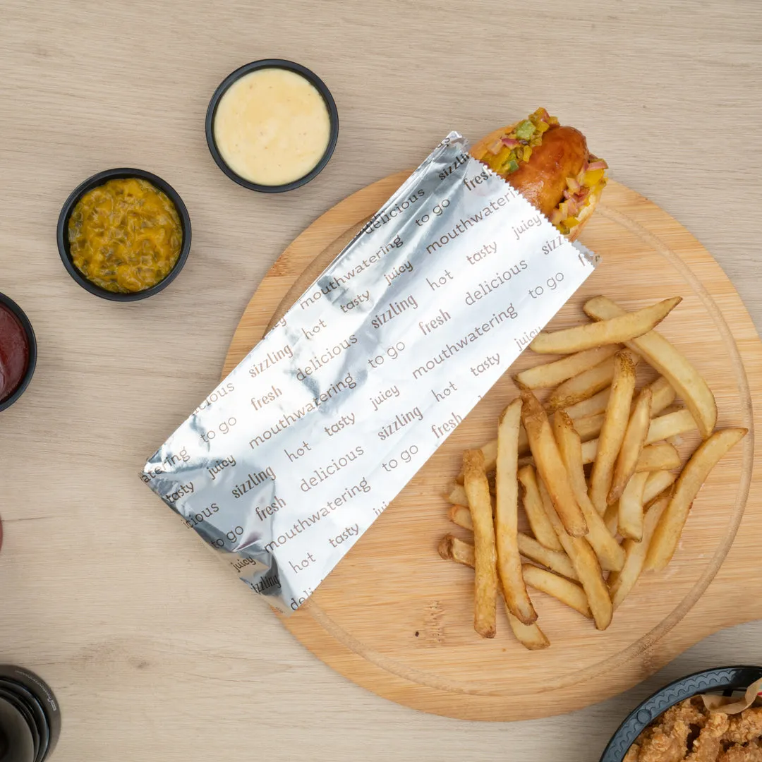 Bag Tek Paper Printed Small Hot Dog Foil Bag - 3 3/4" x 1 1/4" x 9" - 100 count box