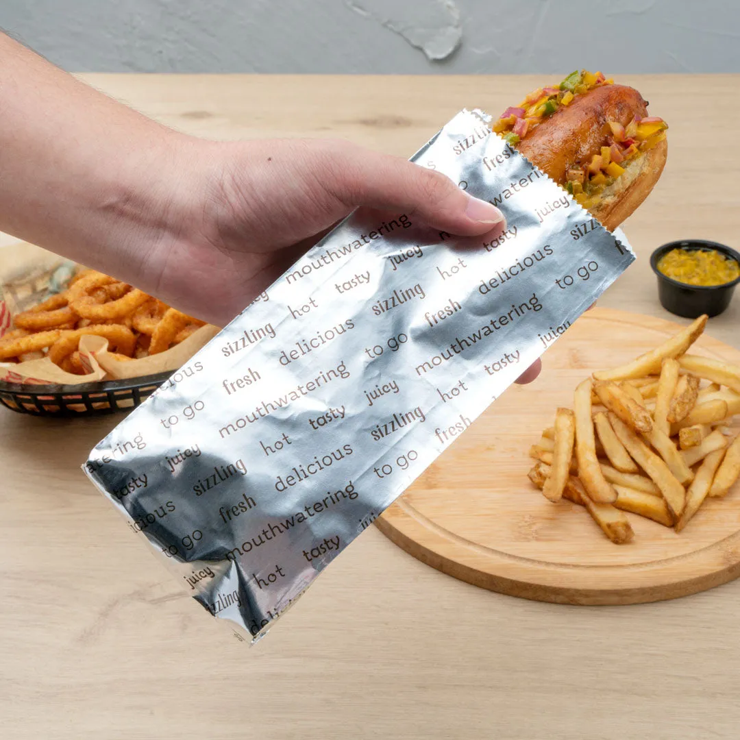 Bag Tek Paper Printed Small Hot Dog Foil Bag - 3 3/4" x 1 1/4" x 9" - 100 count box