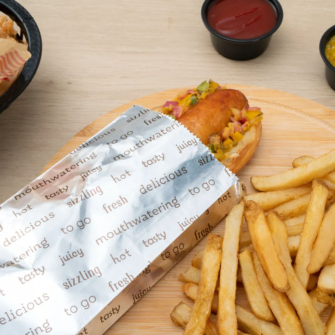 Bag Tek Paper Printed Small Hot Dog Foil Bag - 3 3/4" x 1 1/4" x 9" - 100 count box