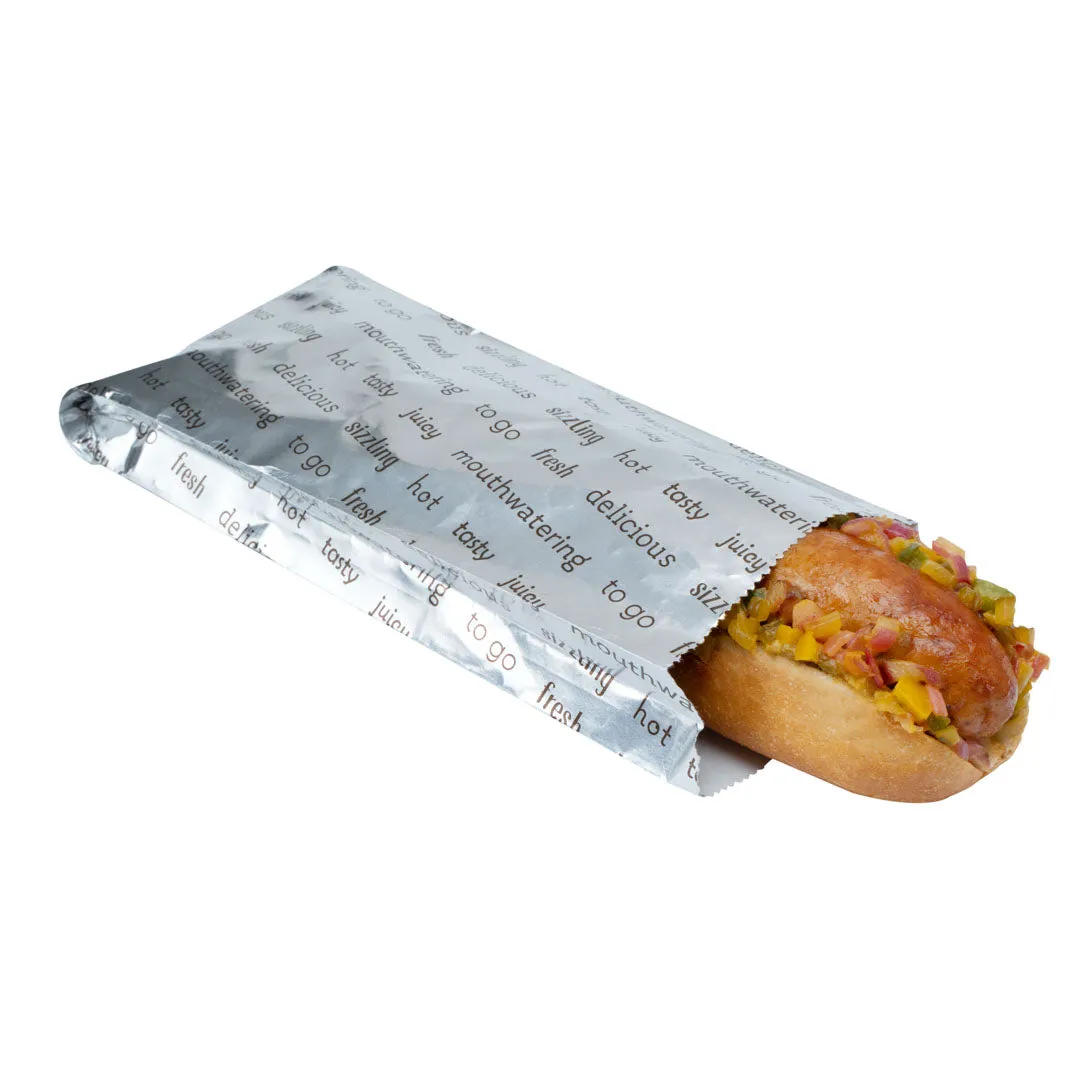 Bag Tek Paper Printed Small Hot Dog Foil Bag - 3 3/4" x 1 1/4" x 9" - 100 count box