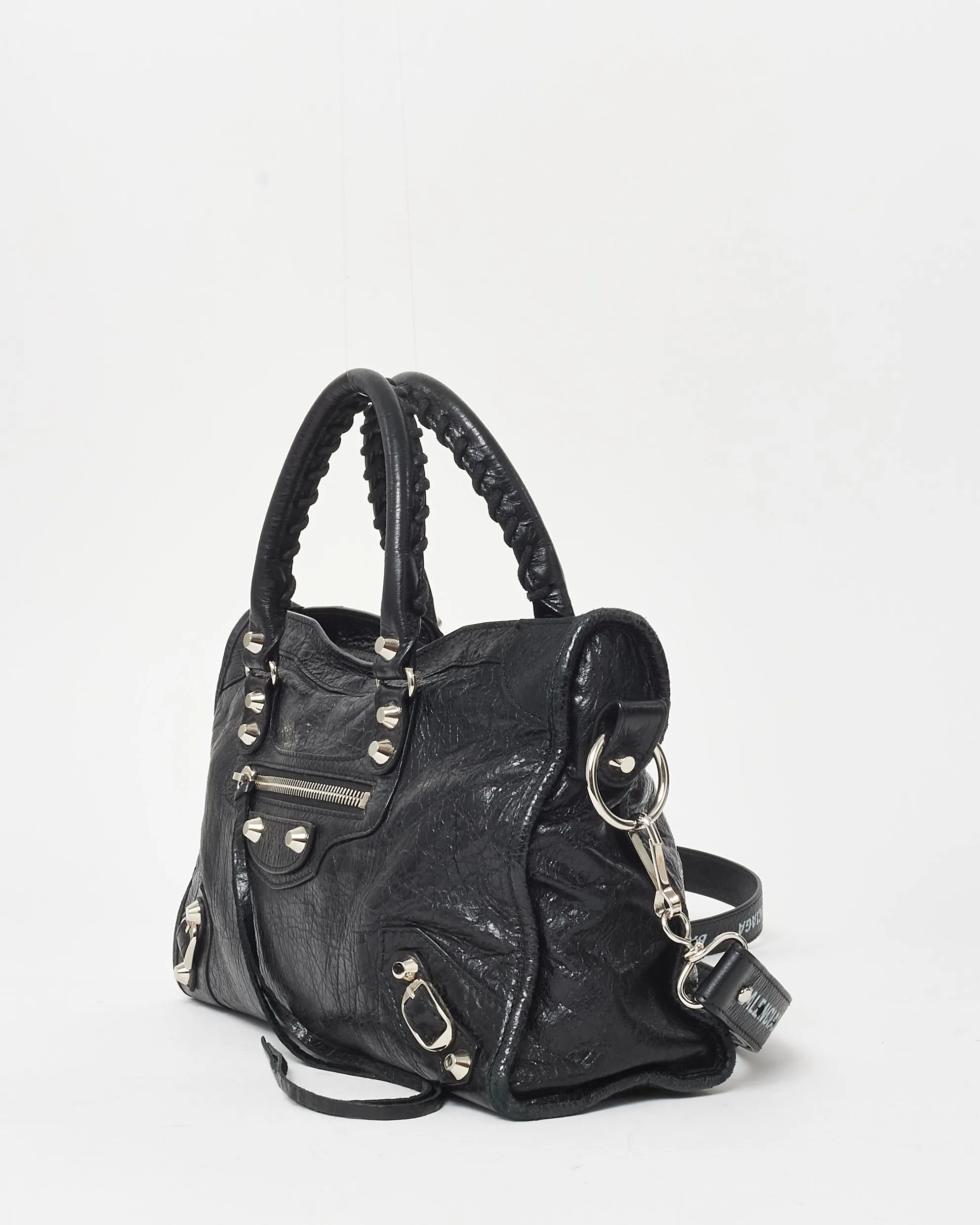 Balenciaga Black Crinkle Leather Le City Small City Bag W/ Logo Strap