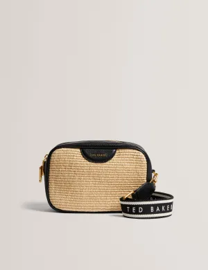 Bardas Webbing Faux Raffia Camera Crossbody Black