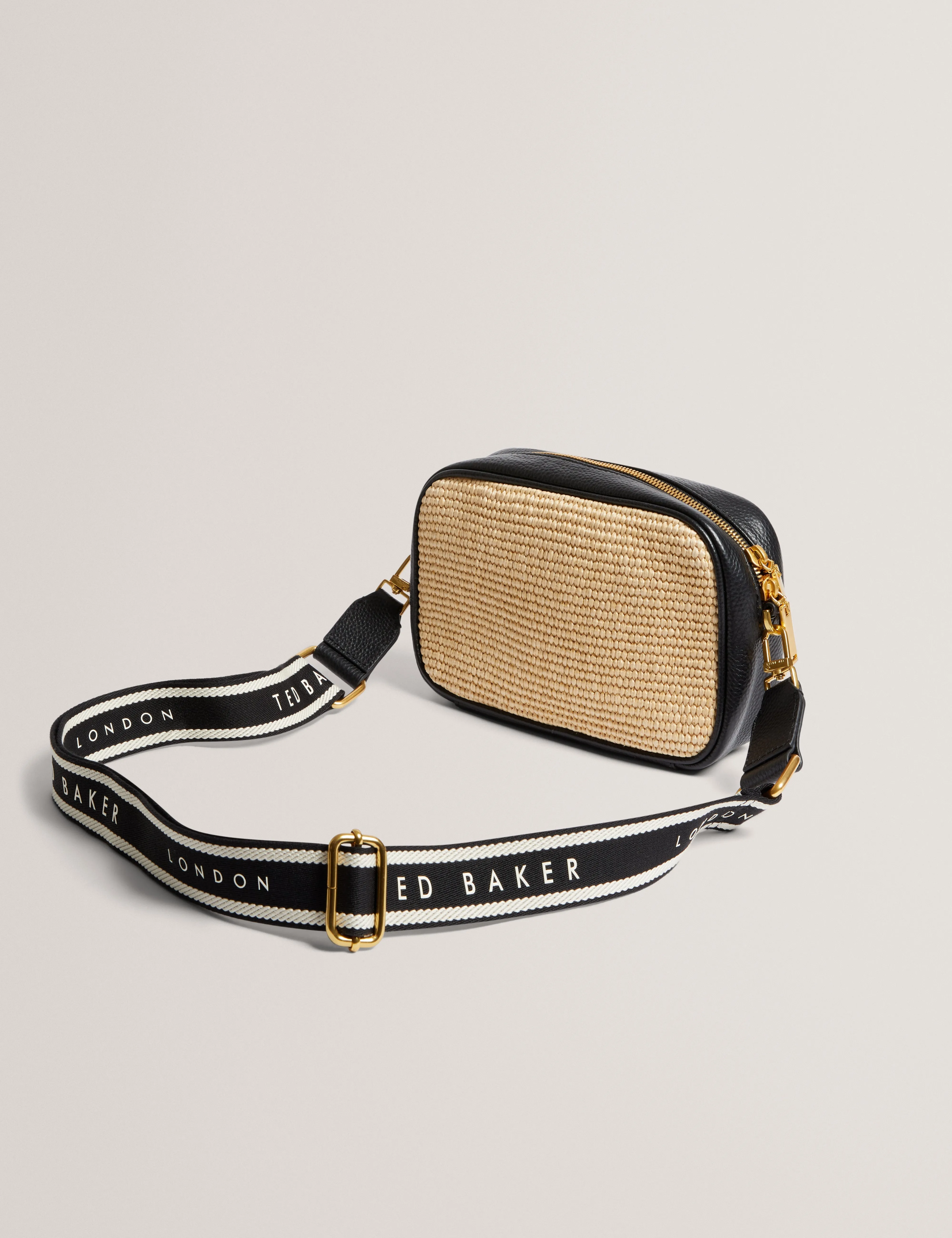 Bardas Webbing Faux Raffia Camera Crossbody Black
