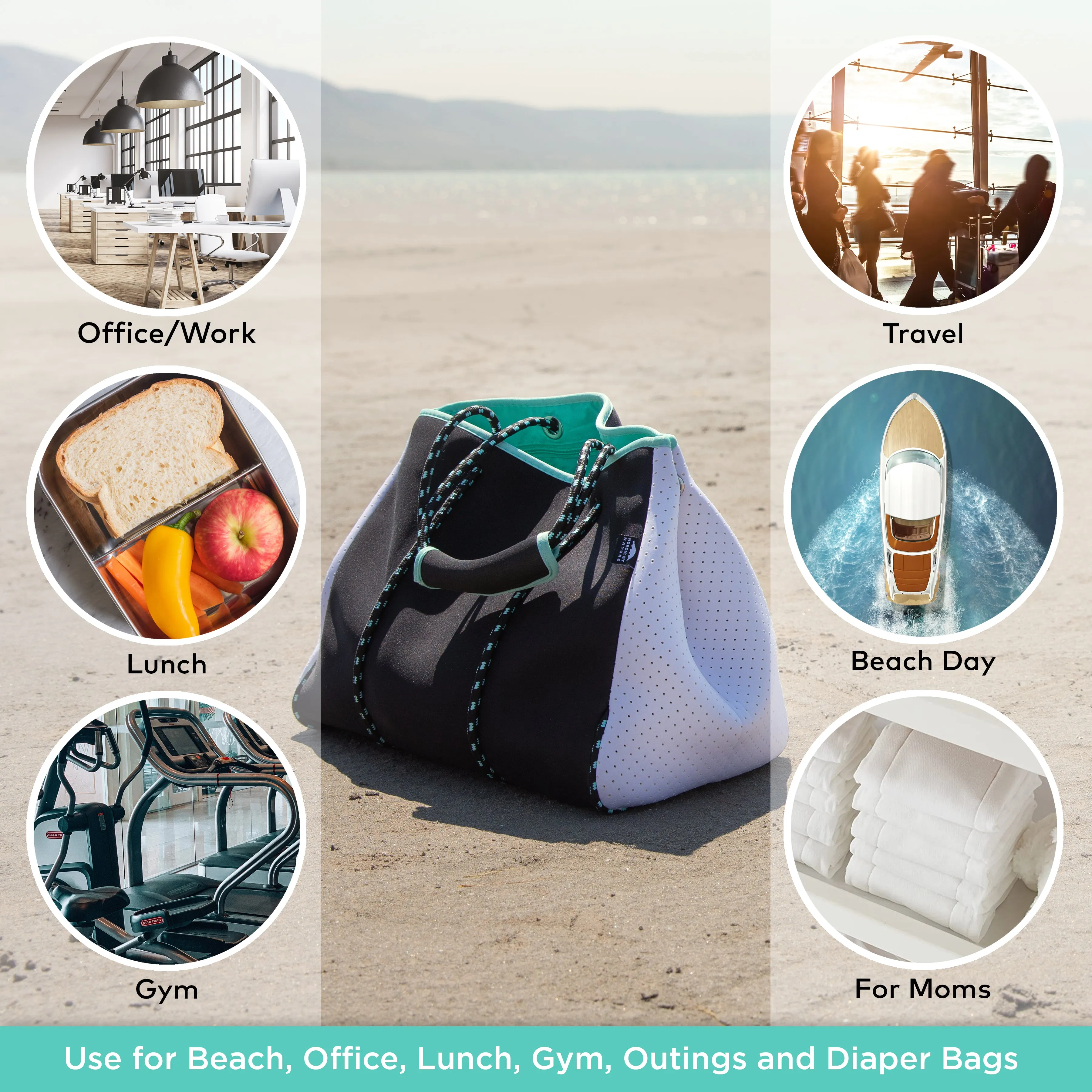 Beach Bag Tote - Black & White / Turquoise