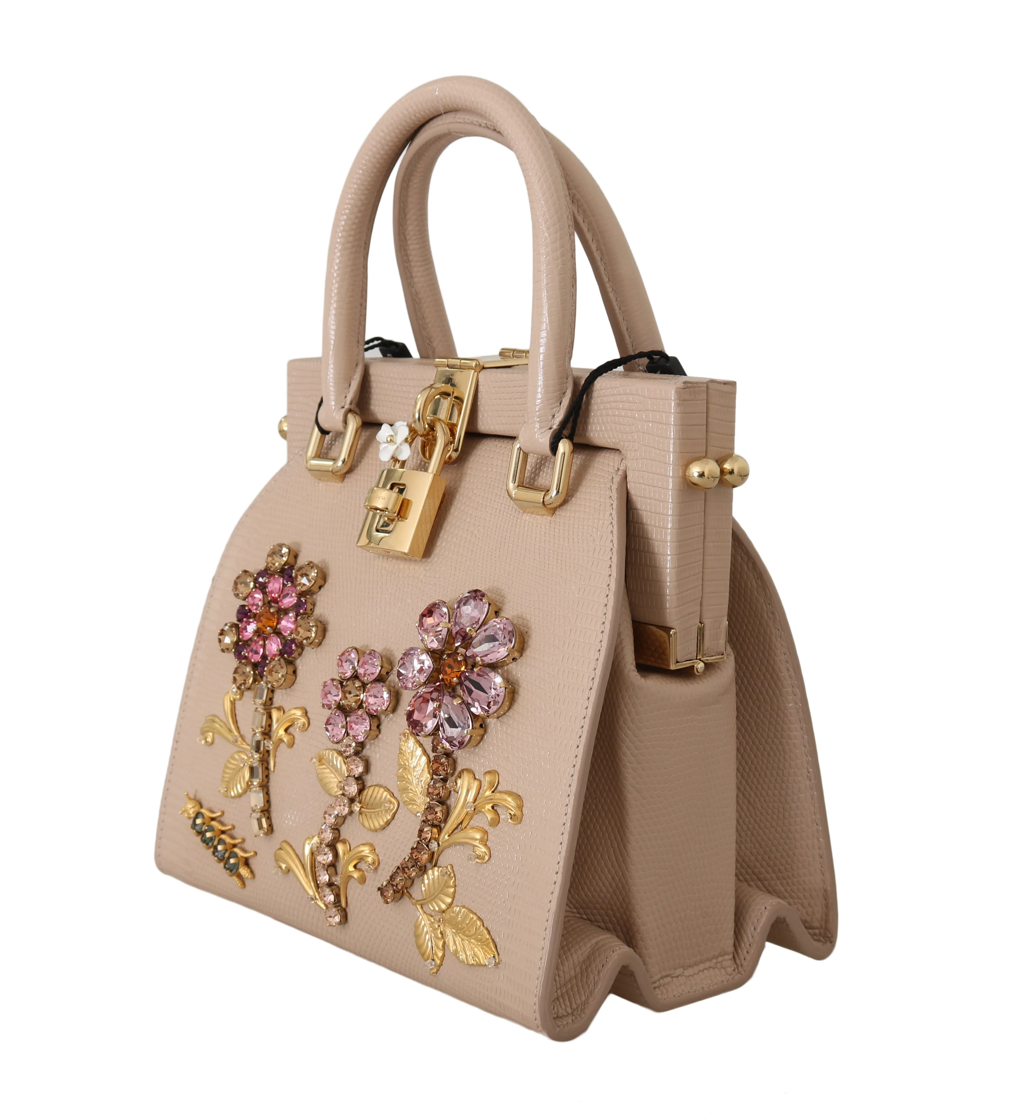 Beige Leather Floral Crystal Hand Shoulder Purse