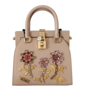Beige Leather Floral Crystal Hand Shoulder Purse