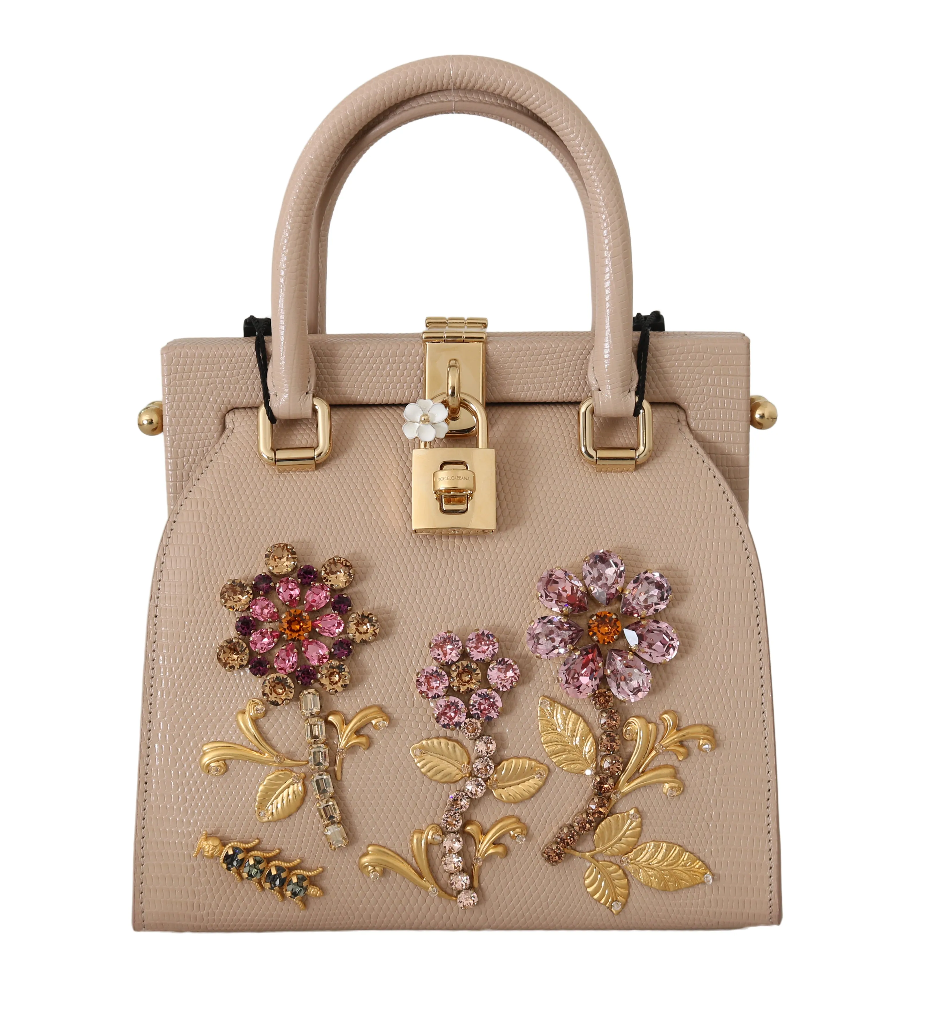 Beige Leather Floral Crystal Hand Shoulder Purse