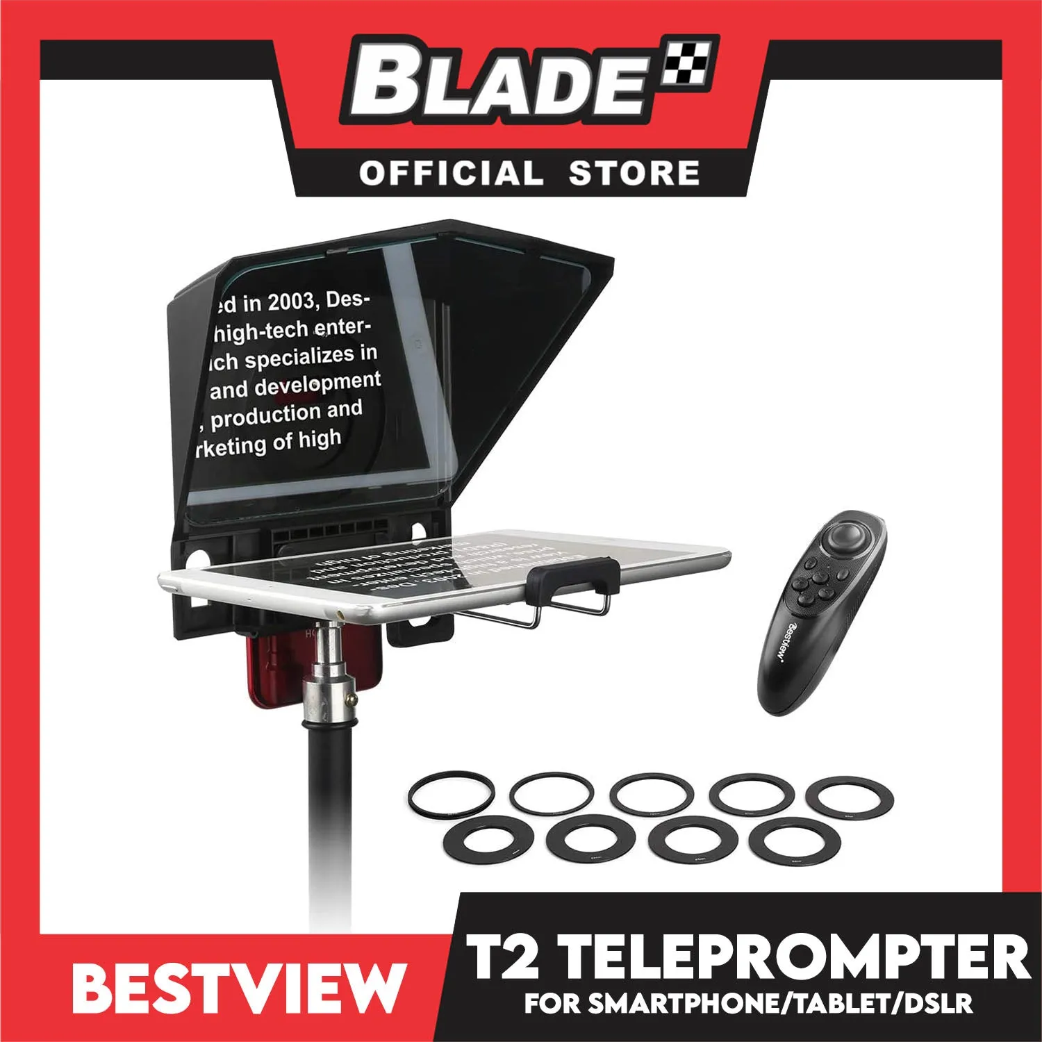 Bestview Desview T2 Teleprompter for Smartphone Tablet DSLR Camera with Remote Control & Lens Adapter Rings- Use for Interview Speech Live Streaming Online Video Vlog YouTube Tiktok