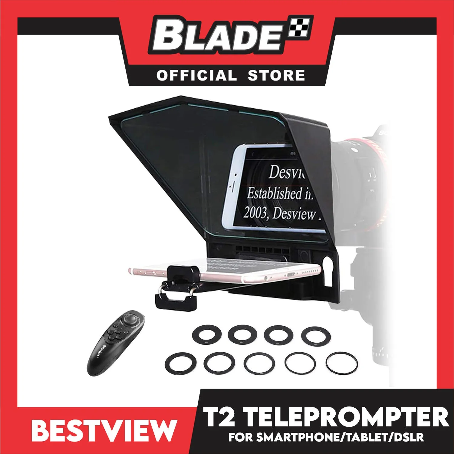 Bestview Desview T2 Teleprompter for Smartphone Tablet DSLR Camera with Remote Control & Lens Adapter Rings- Use for Interview Speech Live Streaming Online Video Vlog YouTube Tiktok