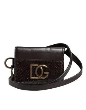 Black Exotic Leather Trifold Crossbody Sling Wallet
