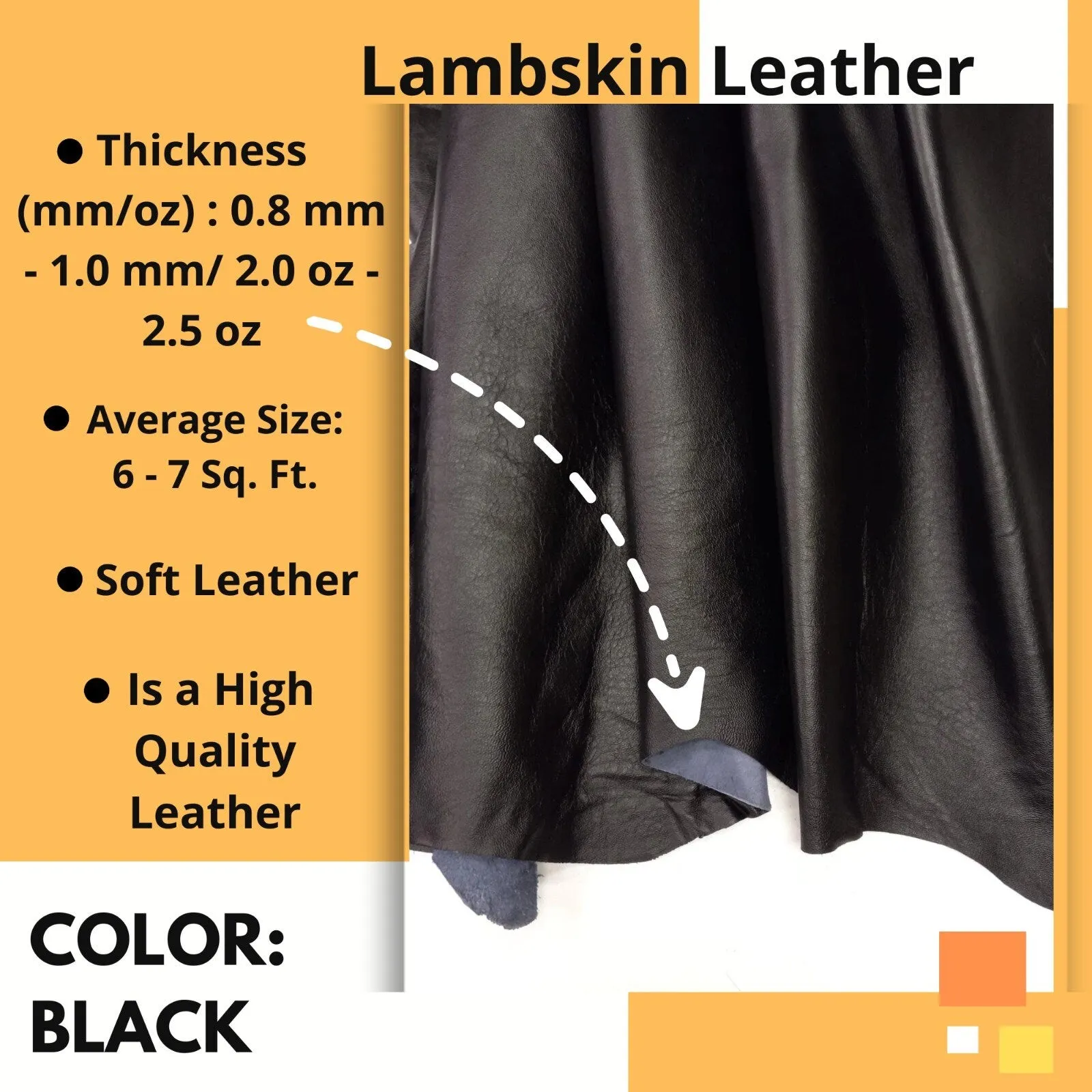 Black Lambskin Leather - Garment Leather Thickness: 0.8 -1.0 mm/ 2 - 2.5oz / Size 7 SqFt