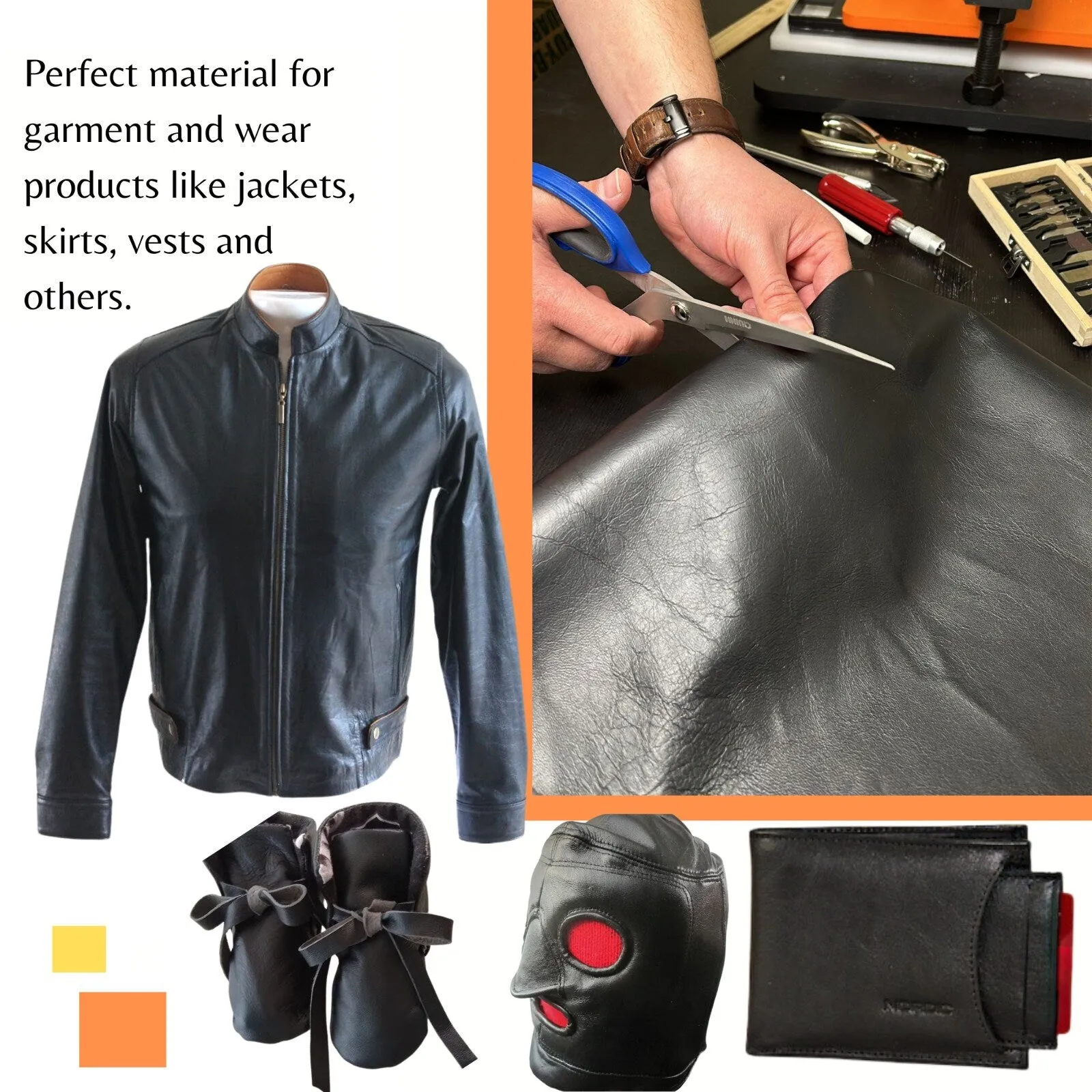 Black Lambskin Leather - Garment Leather Thickness: 0.8 -1.0 mm/ 2 - 2.5oz / Size 7 SqFt