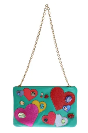 Blue Leather Heart Crystal Clutch Bag