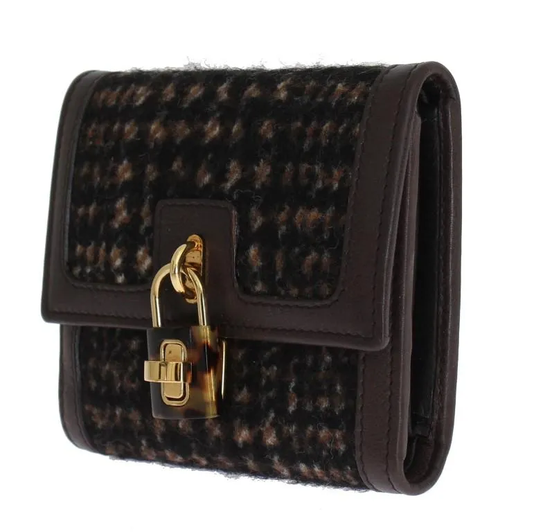 Brown Leather Gold Padlock Trifold Wallet