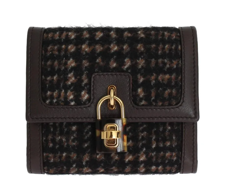 Brown Leather Gold Padlock Trifold Wallet